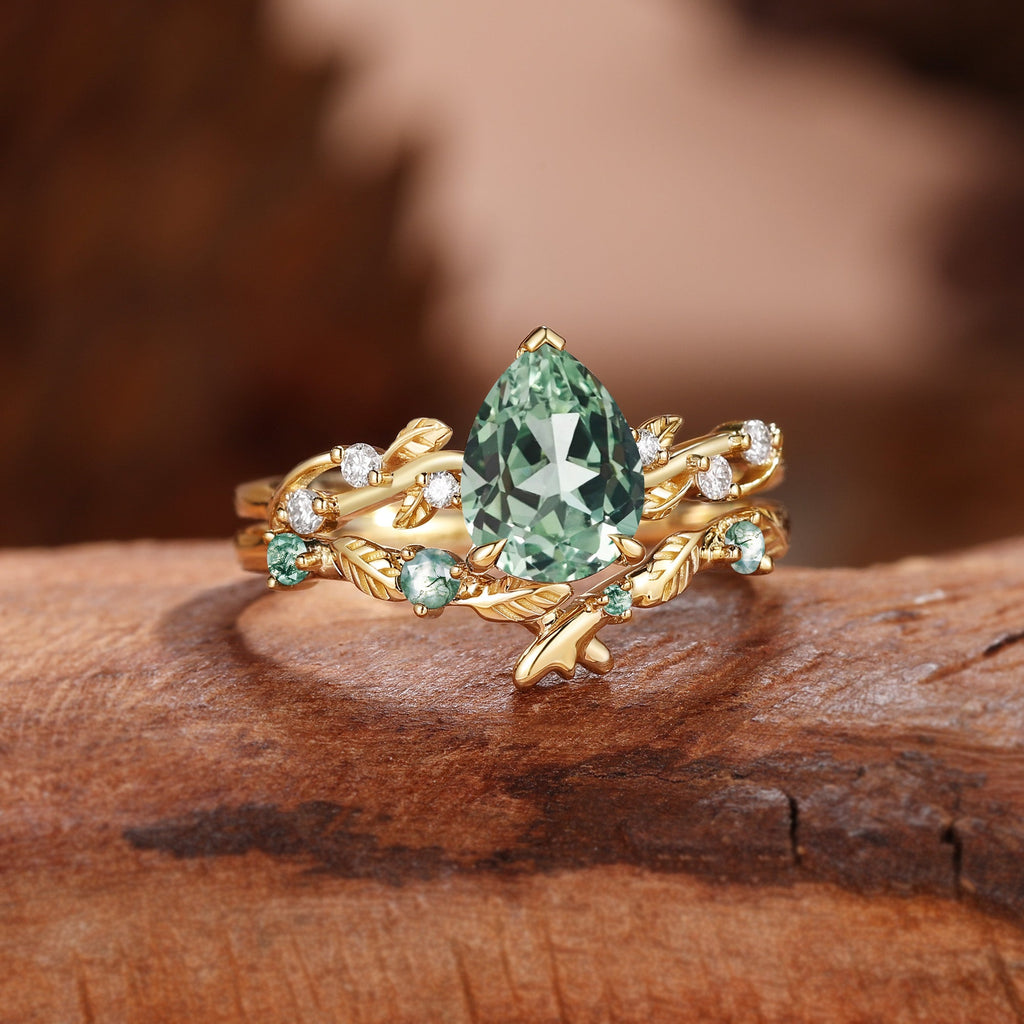 Clara Green Sapphire Leaf Bridal Set — Gold Vermeil