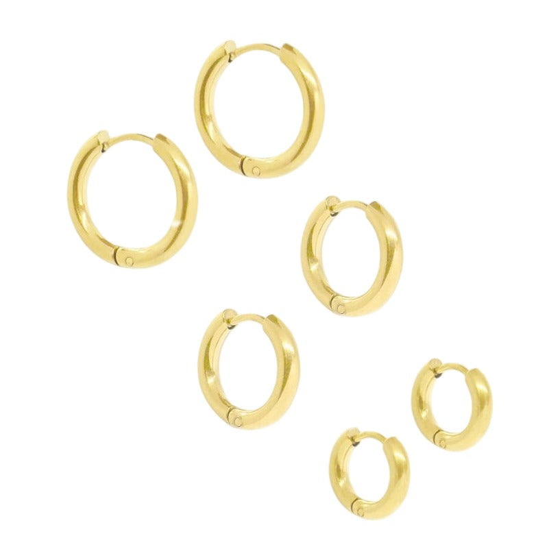 Trio Hoop Earrings — 18k Gold — white background