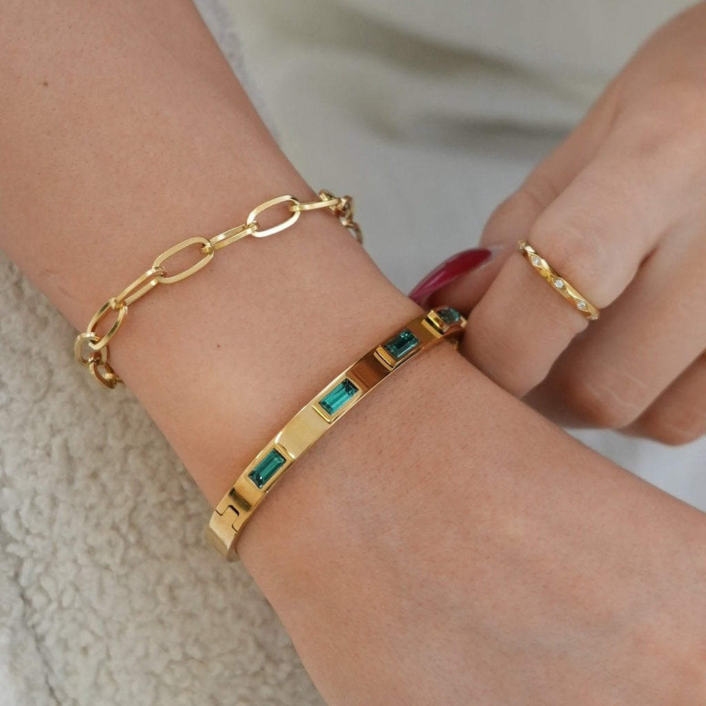 Green Marquise Crystal Bangle — 18k Gold