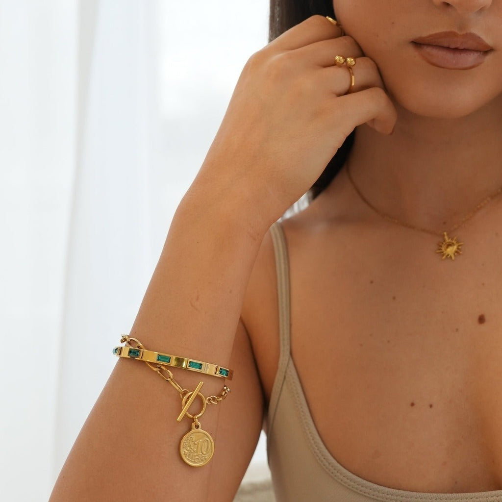 Green Marquise Crystal Bangle — 18k Gold