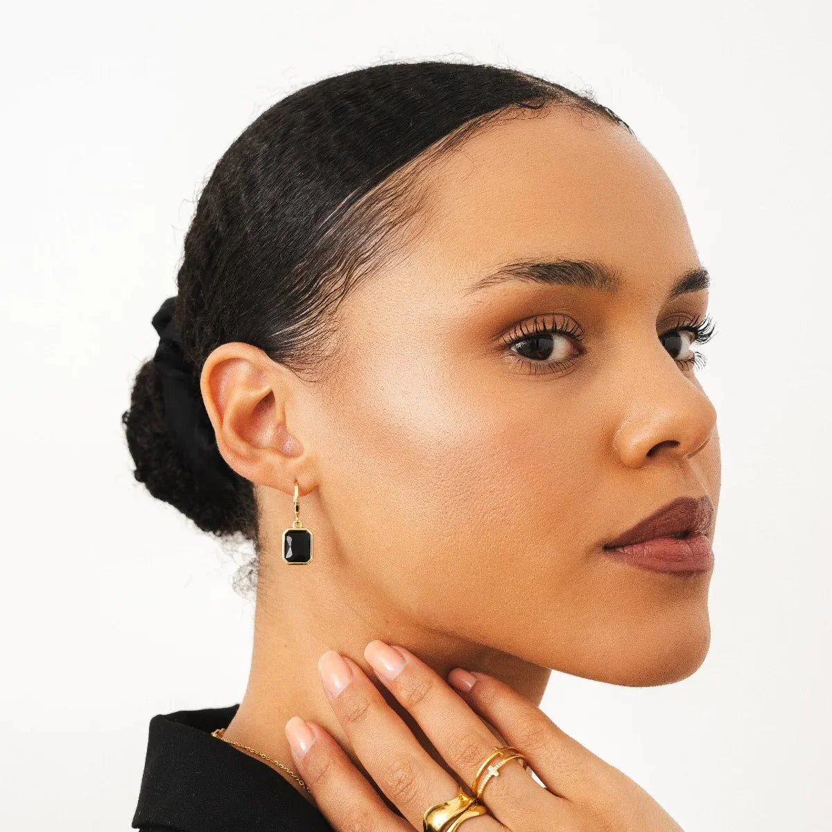 Black Crystal Hoop Earrings — 18k Gold