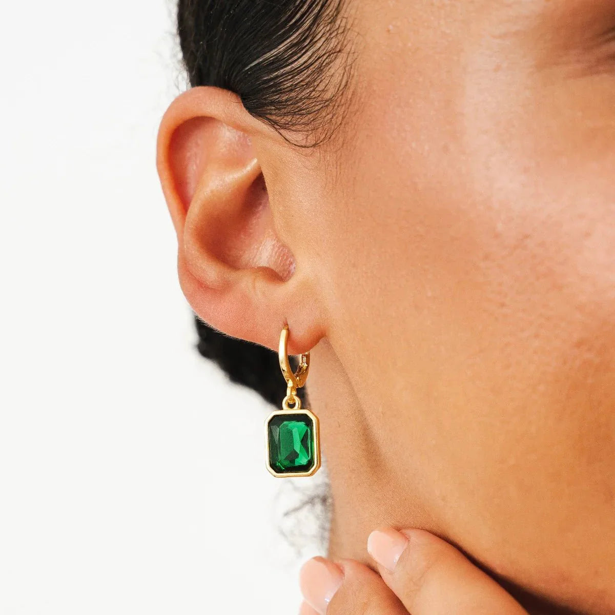Green Crystal Hoop Earrings — 18k Gold