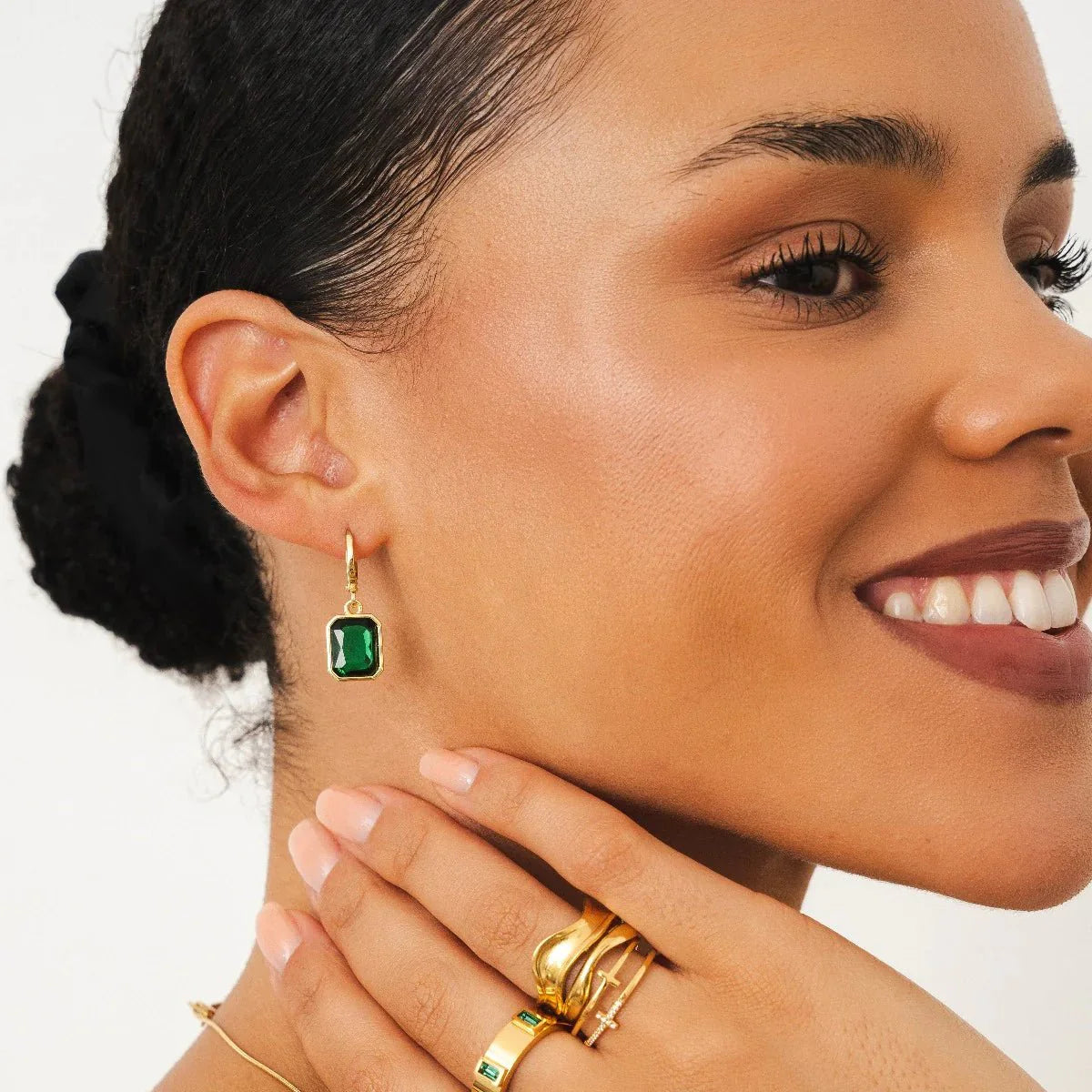 Green Crystal Hoop Earrings — 18k Gold