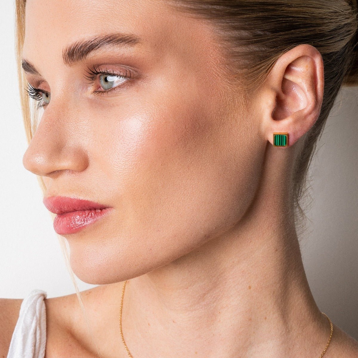 Geometric Green Stone Earrings — 18k Gold
