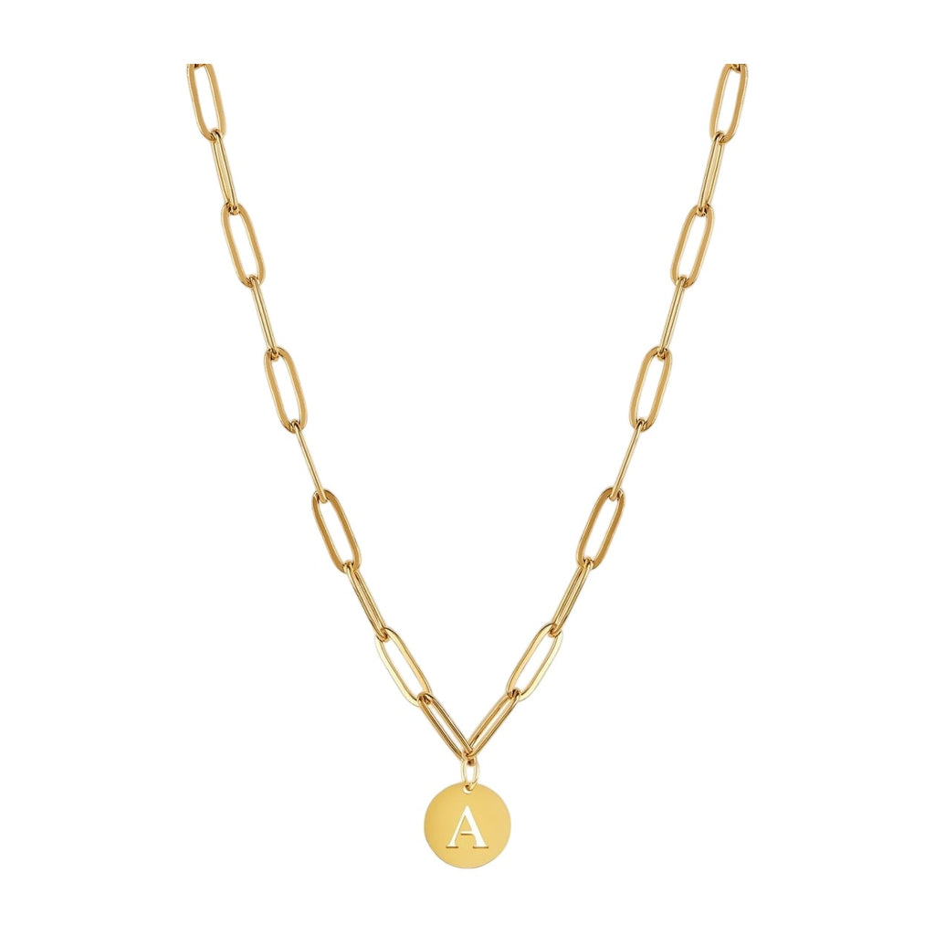 Initial Letter Clip Chain Necklace — 18k Gold — white background