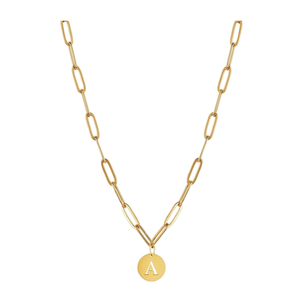 Initial Letter Clip Chain Necklace — 18k Gold — white background