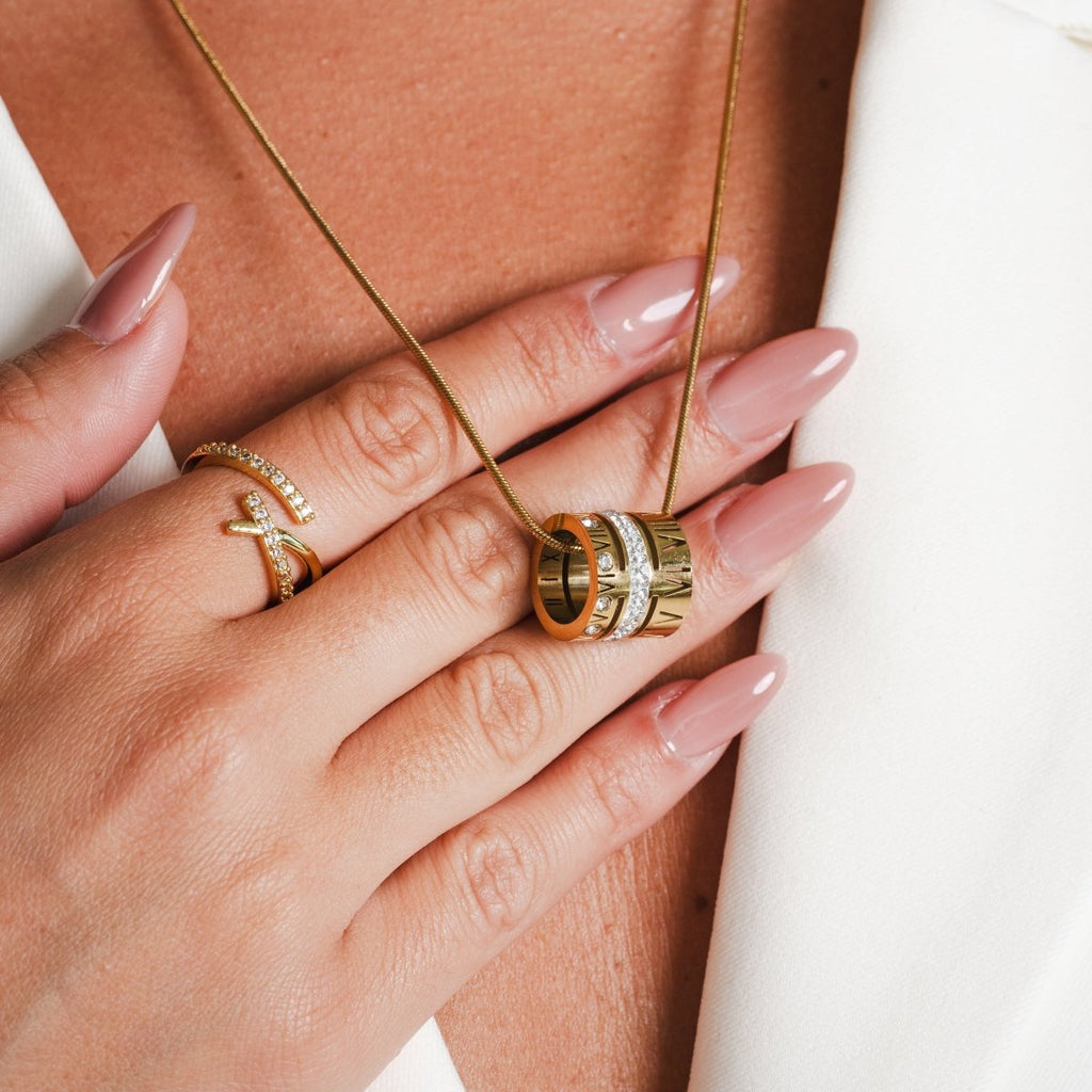 Triple Band Roman Numeral Necklace — 18k Gold