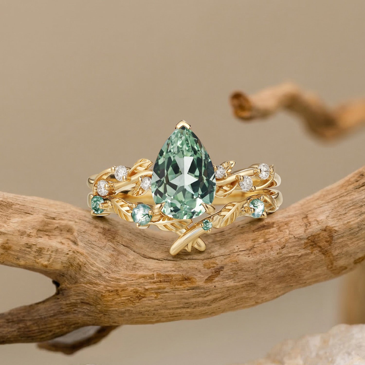 Clara Green Sapphire Leaf Bridal Set — Gold Vermeil